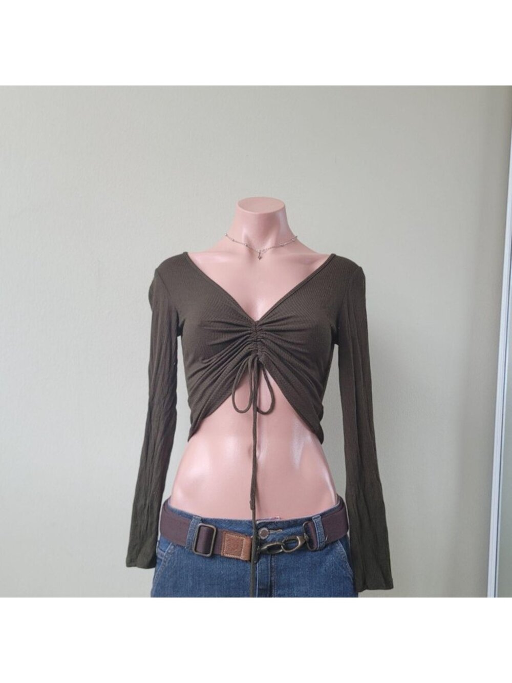 Live In The Moment Emerald Green Deep V-Neck Ruched Cropped Top (S)